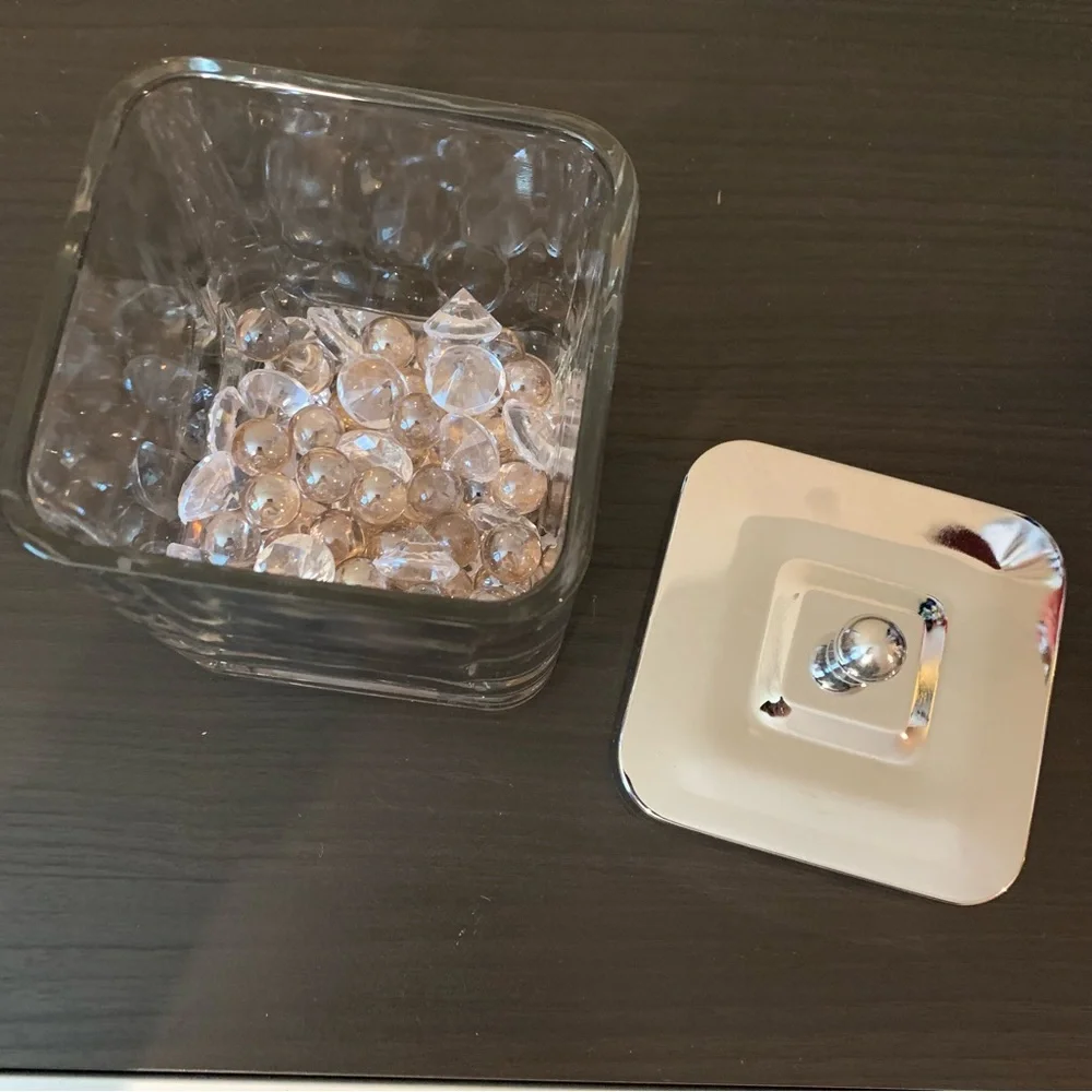 Glass bathroom canister + lid with decorative beads
